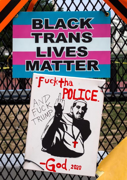 A picture of two protest signs. One has the trans rights flag which says in black letters, BLACK TRANS LIVES MATTER. The other sign has a picture of of the Pope giving the middle finger. Written in read is Fuck tha POLICE - God, 2020. And in black, AND FUCK TRUMP.